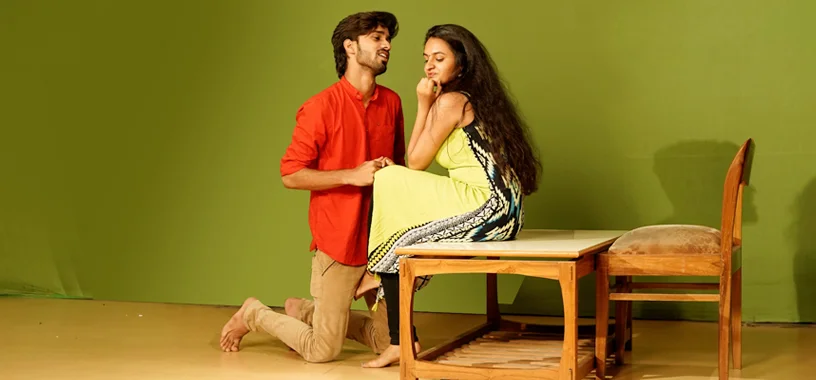 Acting students shooting dramatic scene in multi-camera studio at T-Series Faridabad